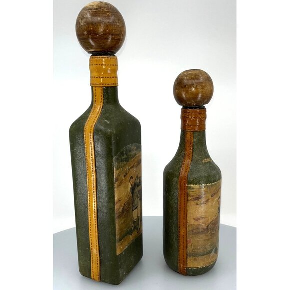 (2) VTG Fausto Corduri Italian Leather Wrapped Decanters with Wood Stopper - Picture 9 of 14